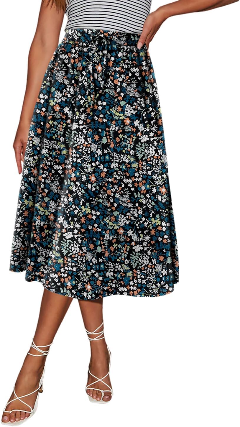 Magritta Women's Print Midi Skirt with Pocket Elastic High Waist 2026 Trendy A-Line Bohe Leopardr Swing Skirts for Women
