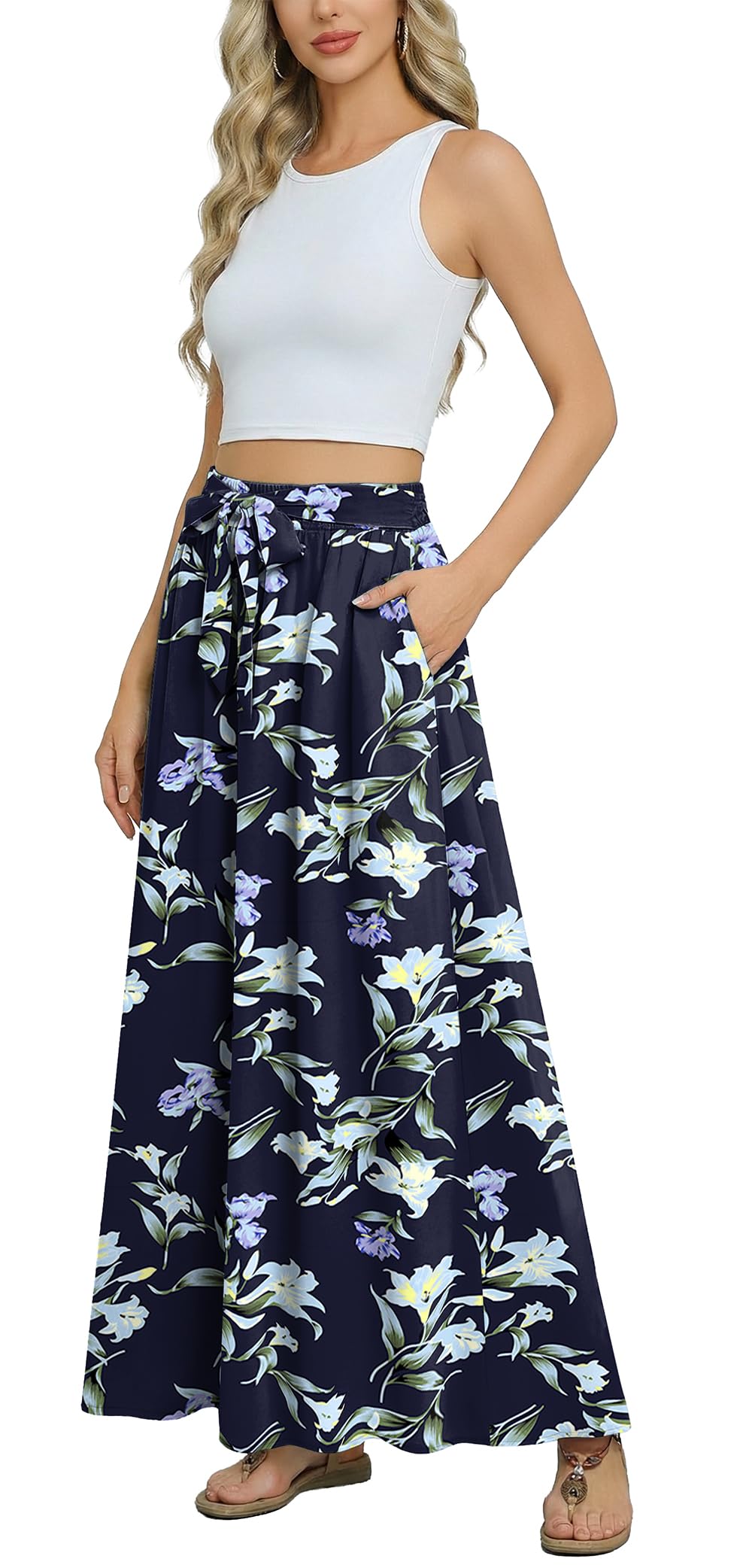 Askyes Womens Maxi Skirt Summer Trendy Tie Knot Elastic High Waisted Boho Casual Beach Flowy Swing Long Skirts with Pockets
