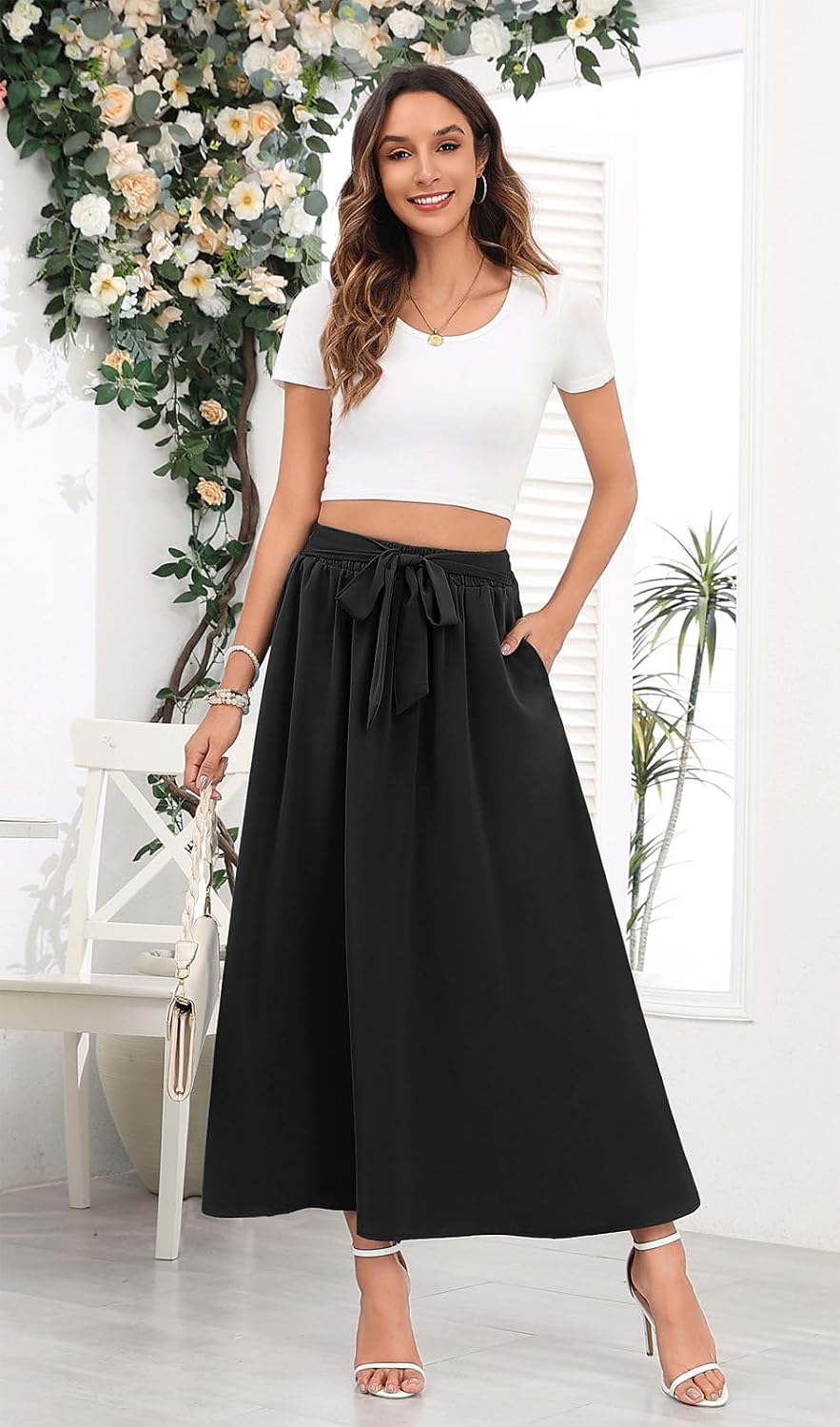 Askyes Womens Maxi Skirt Summer Trendy Tie Knot Elastic High Waisted Boho Casual Beach Flowy Swing Long Skirts with Pockets