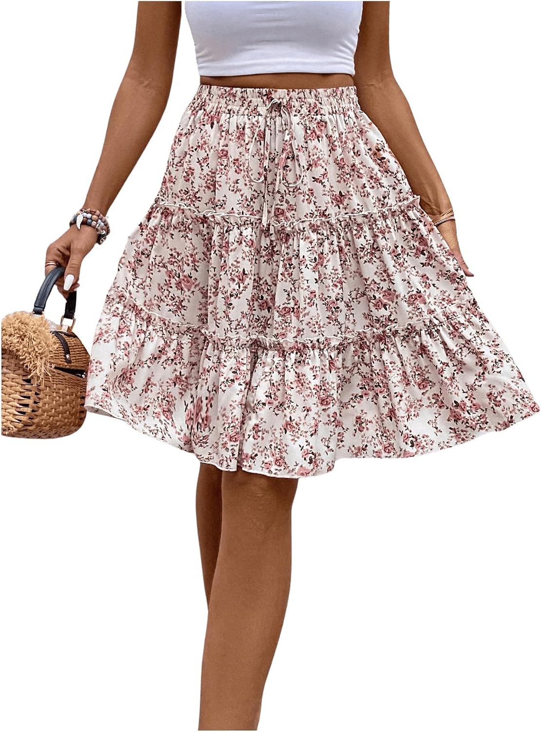 WDIRARA Women's Floral Boho Ruffle Knee Length Summer Skirt