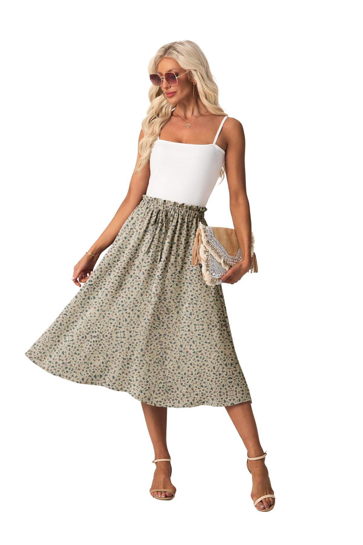 FREEOAK High Waist Skirts for Women Below Knee Casual Flowy Summer Midi Skirts Palazzo A-Line Long Skirt with Pockets