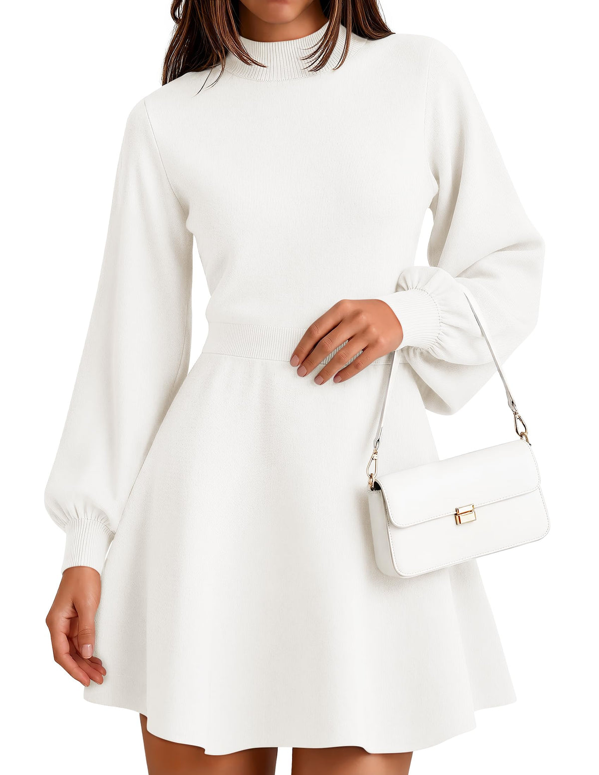 ZESICA Womens Fall Mock Neck Long Lantern Sleeve Sweater Mini Dress