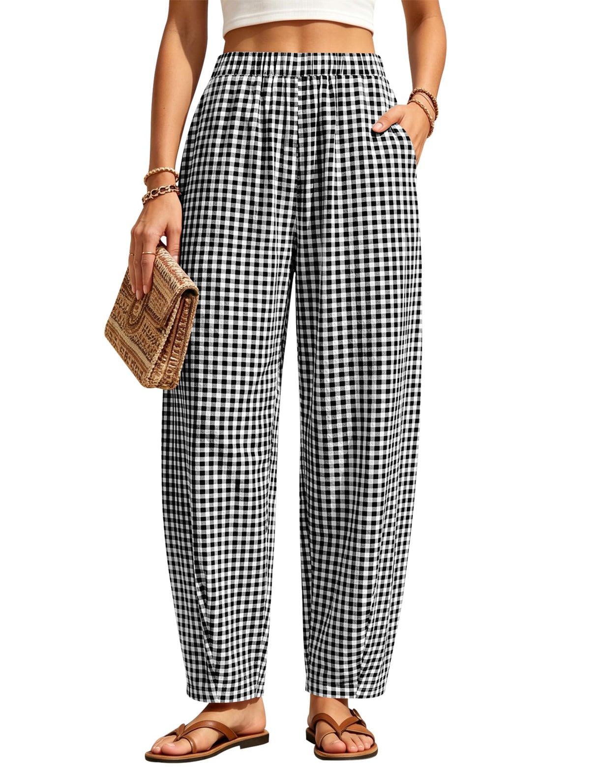 LOMON Womens Barrel Harem Travel Pants Baggy Casual Gingham Striped Bottoms
