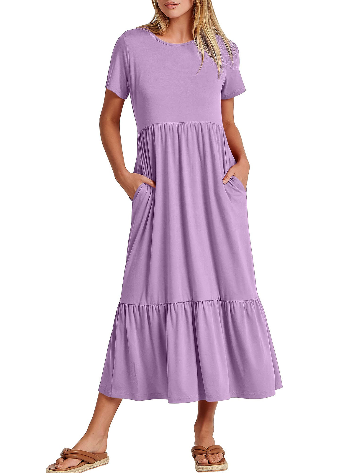 ANRABESS Womens 2026 Summer Casual Maxi Dress A line Tiered Flowy Short Sleeve Crewneck T Shirt Beach Travel Long Dresses