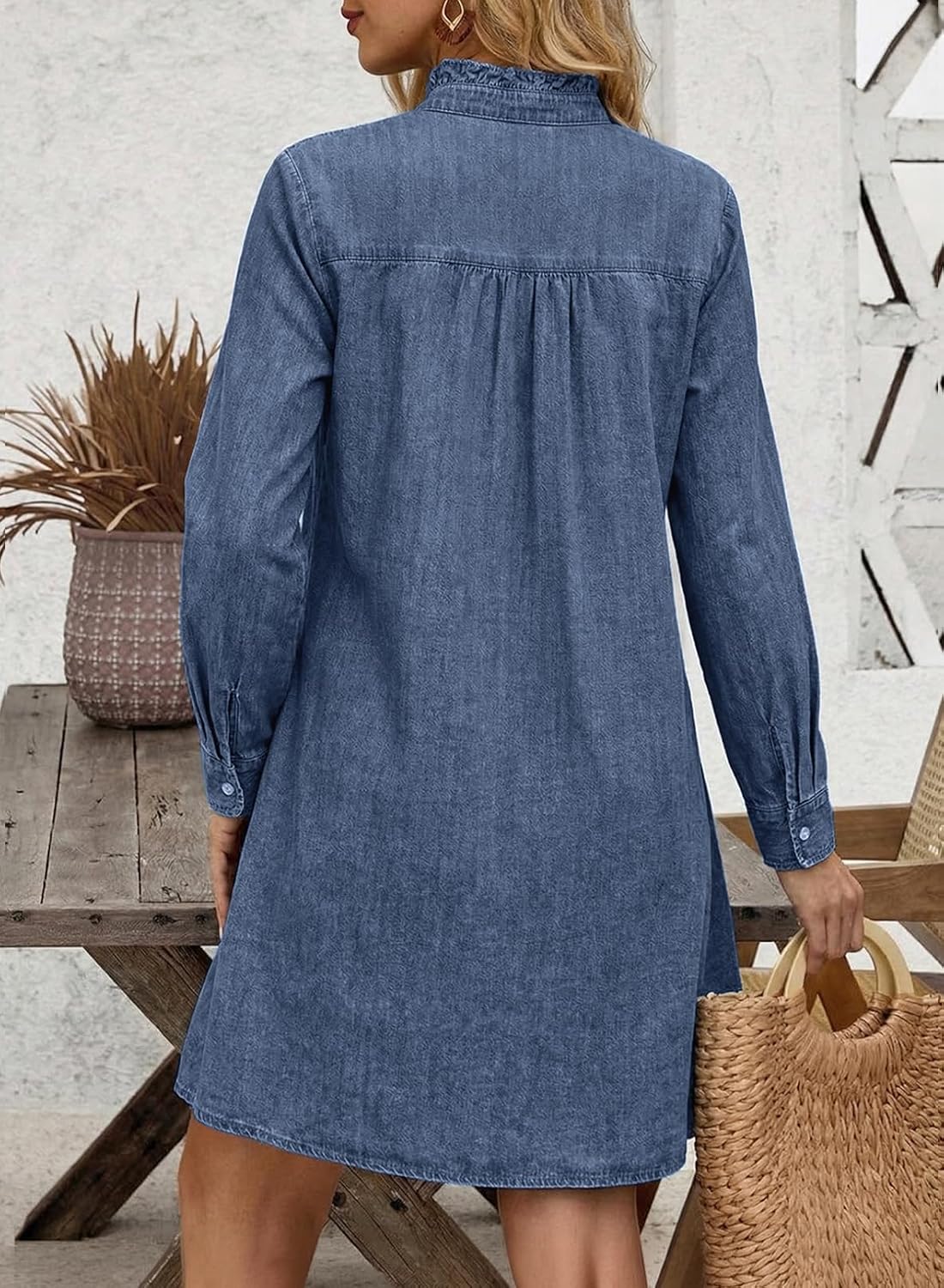 Sidefeel Women's Denim Dresses 2026 Loose Long Sleeve Ruffled Edge Neck Jean Sundresses with Pockets