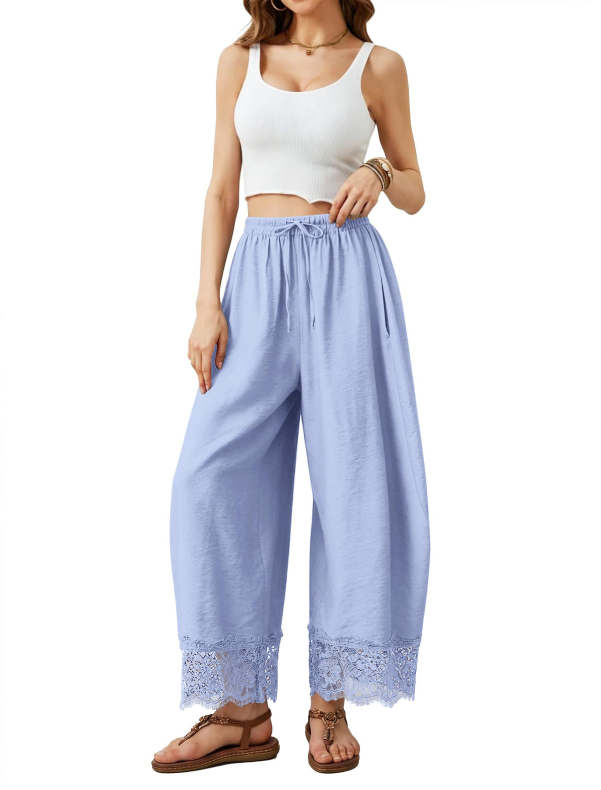 IWH Cropped Lace Trim Pants Women Wide Leg Barrel Silk Bottom Petite Length