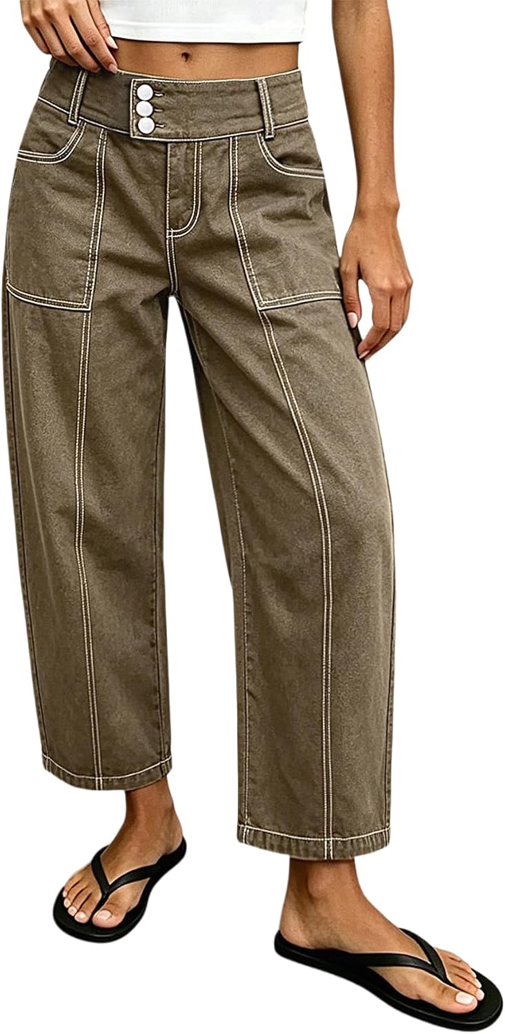 Flamingals Straight Leg Mid Rise Barrel Pants for Women