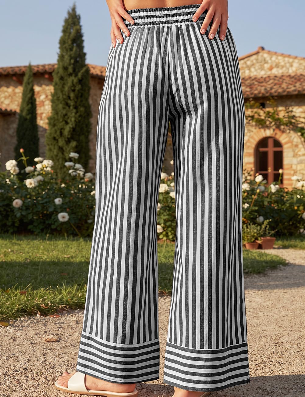 TARSE Womens Striped Palazzo Pants Wide Leg High Waisted Trousers Pockets