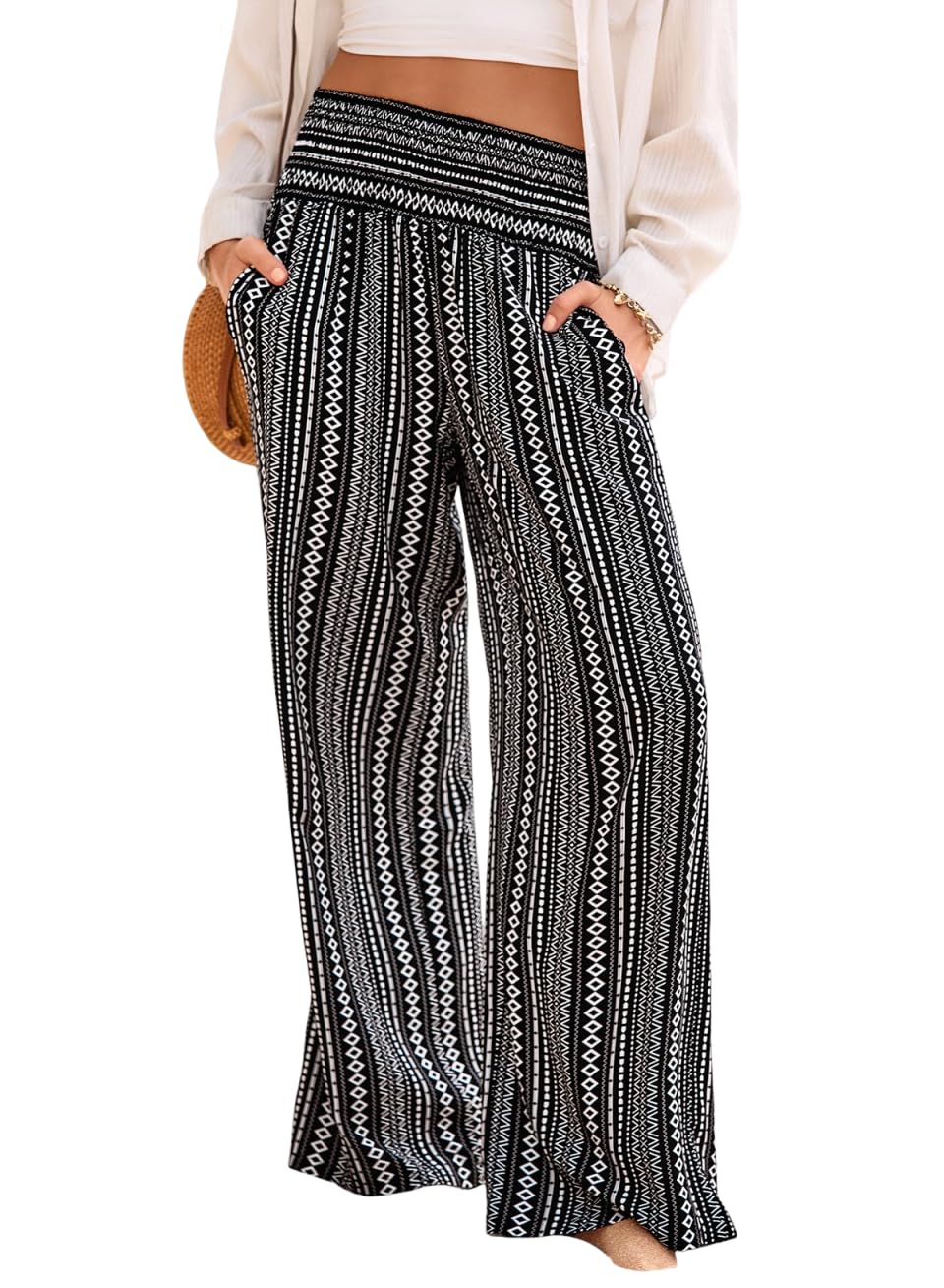 Dokotoo Women's Summer Boho Floral Bagyy Pants Wide Leg High Smocked Waist Casual Loose Palazzo Pants with Pocket