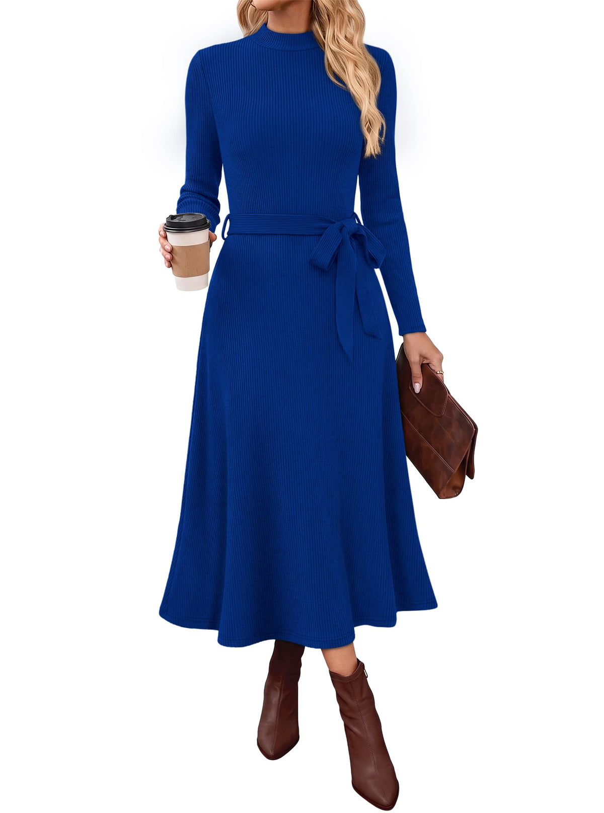 OFEEFAN Long Sleeve Dress Mock Neck Tie Waist Ribbed Knit Midi Dresses Fall Outfits