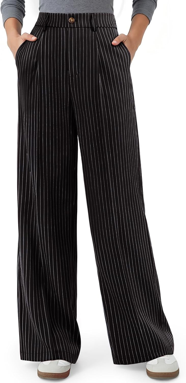 NIMIN Women High Waisted Dress Pants Striped Work Trousers with Pockets