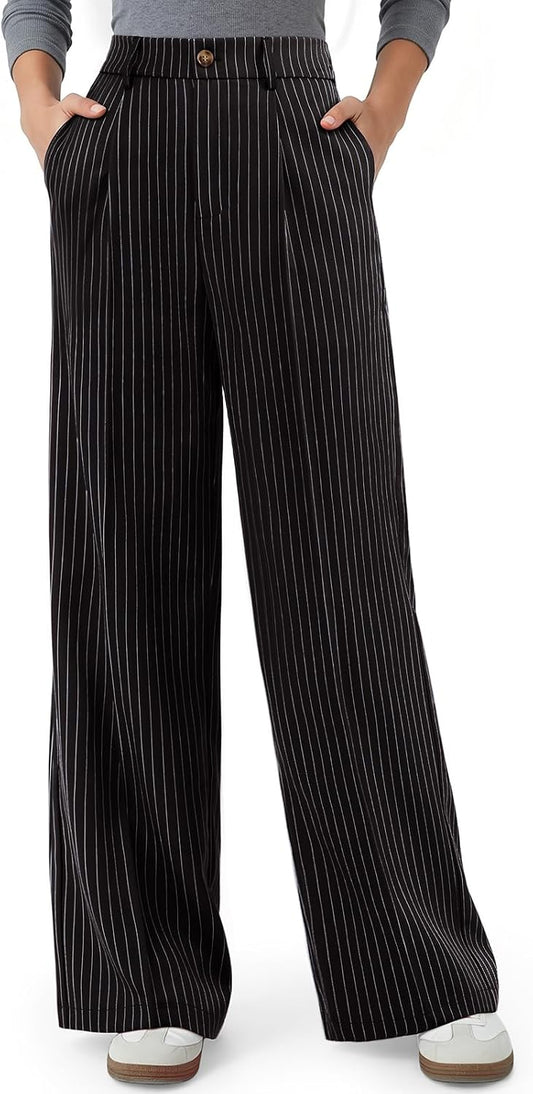 NIMIN Women High Waisted Dress Pants Striped Work Trousers with Pockets