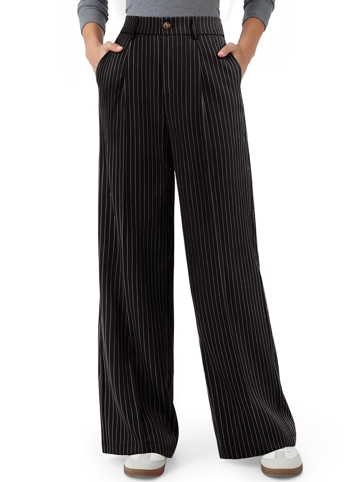 NIMIN Women High Waisted Dress Pants Striped Work Trousers with Pockets
