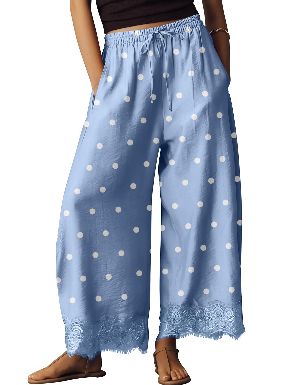 Anoumcy Lace Trim Wide Leg Pants for Women 2026 Spring Summer Cropped Lightweight Casual Pants