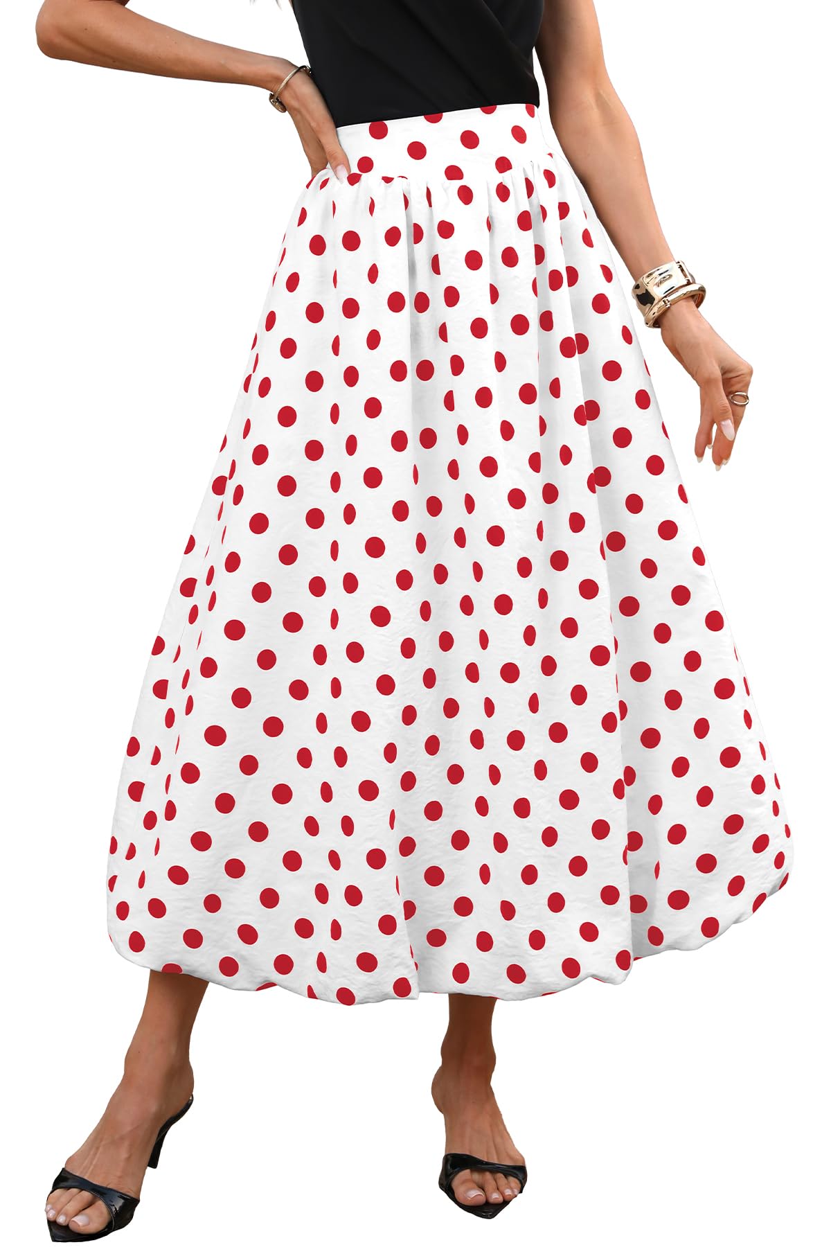 ELLEVEN Women's Bubble Maxi Skirt, Elastic Waist Puffy Hem A-Line Skirts