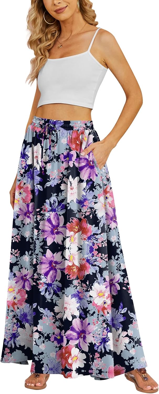Yincro Women's Maxi Skirt Flowy High Waist Casual Long Skirts with Pockets