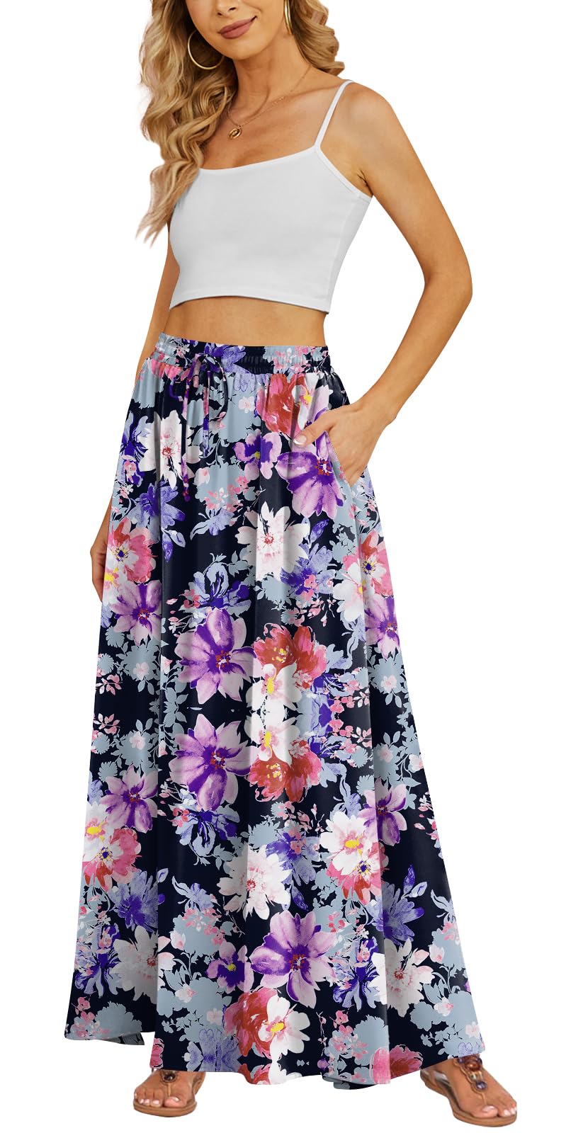 Yincro Women's Maxi Skirt Flowy High Waist Casual Long Skirts with Pockets