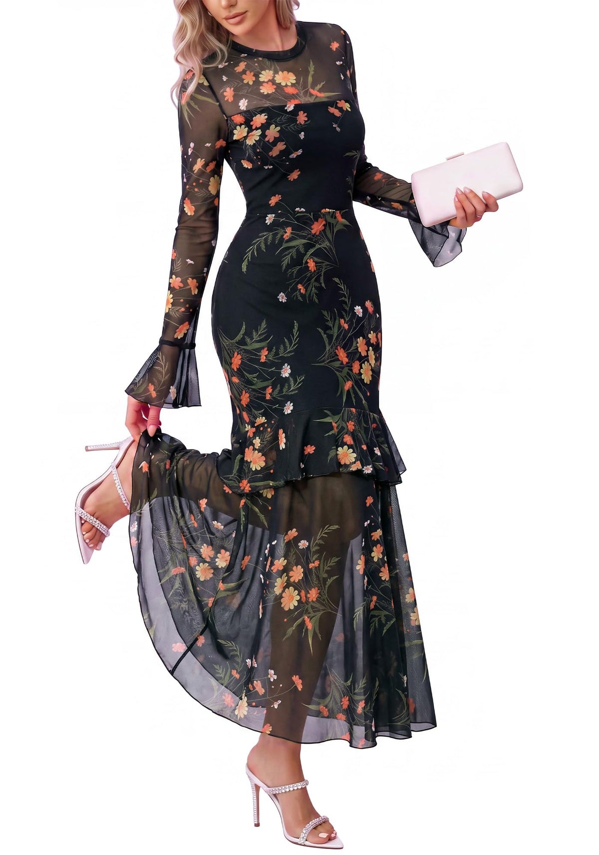 BTFBM Elegant Wedding Guest Dress Long Sleeve Maxi Dresses for Women