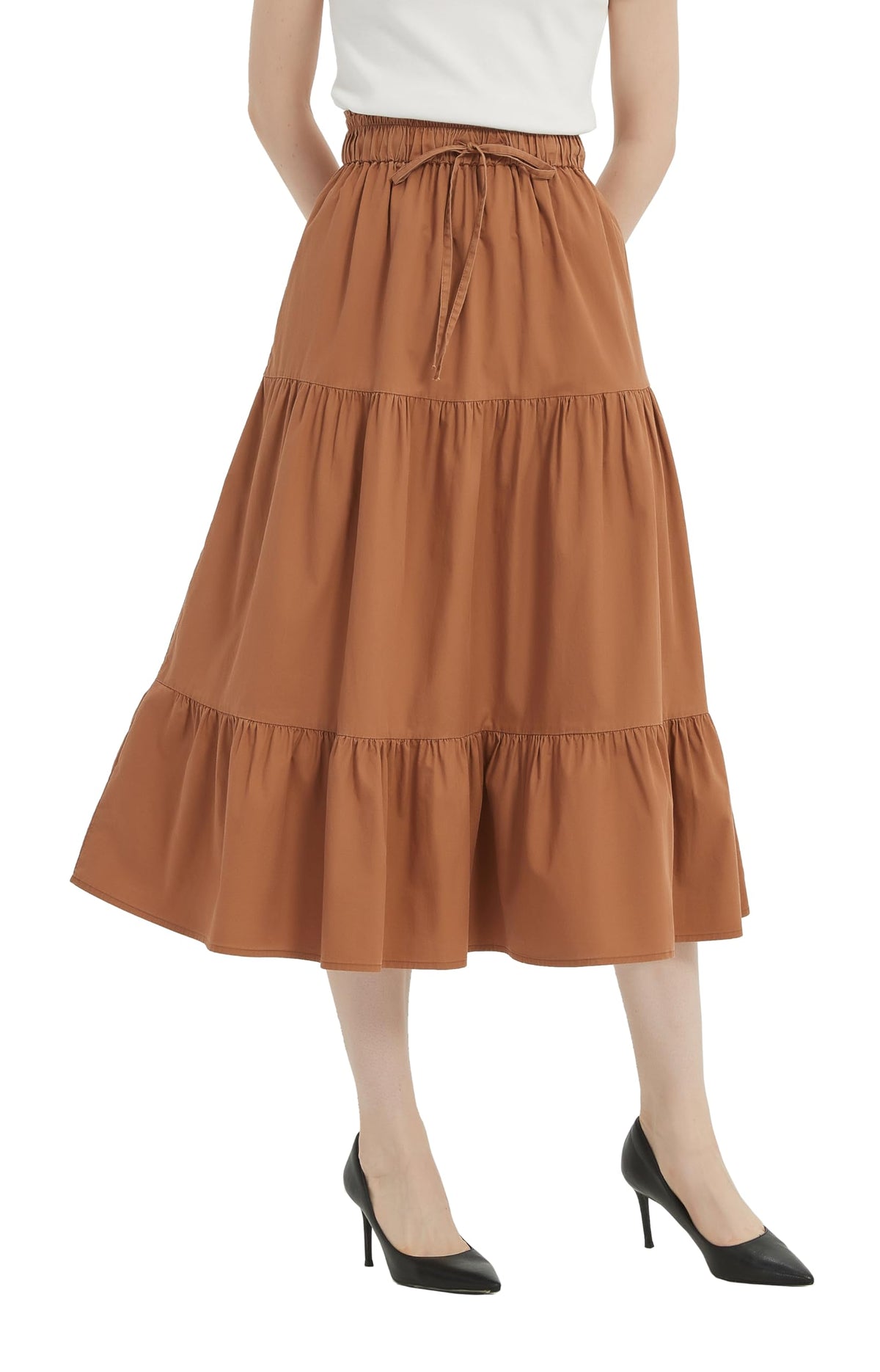 Tronjori Womens A Line Long Midi Denim Skirt Tired Layers with Drawstring