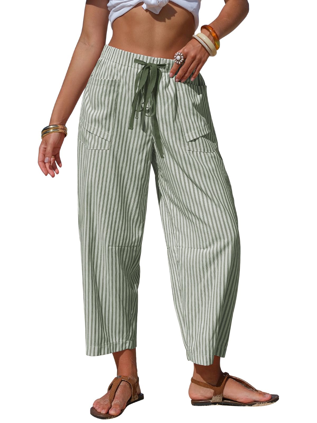 EXLURA Womens Faux Linen Striped Barrel Capri Pants Drawstring Trousers