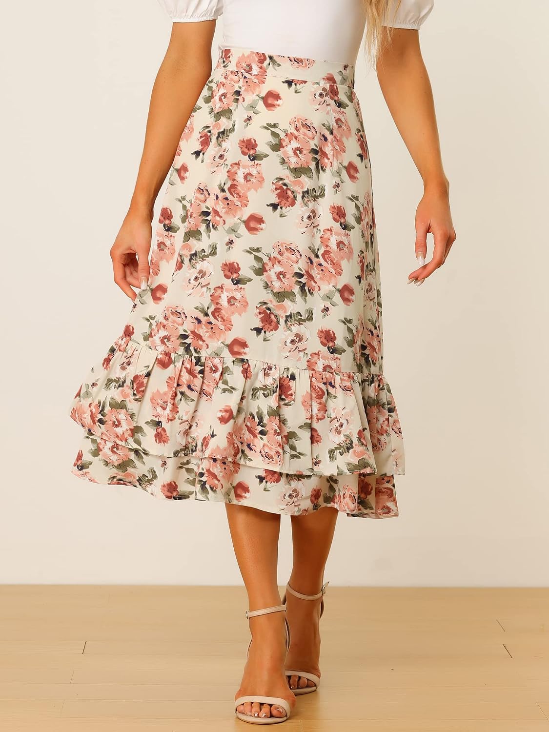 Allegra K Women's Printed Skirt Chiffon Ruffle Tiered Flowy Midi Skirts