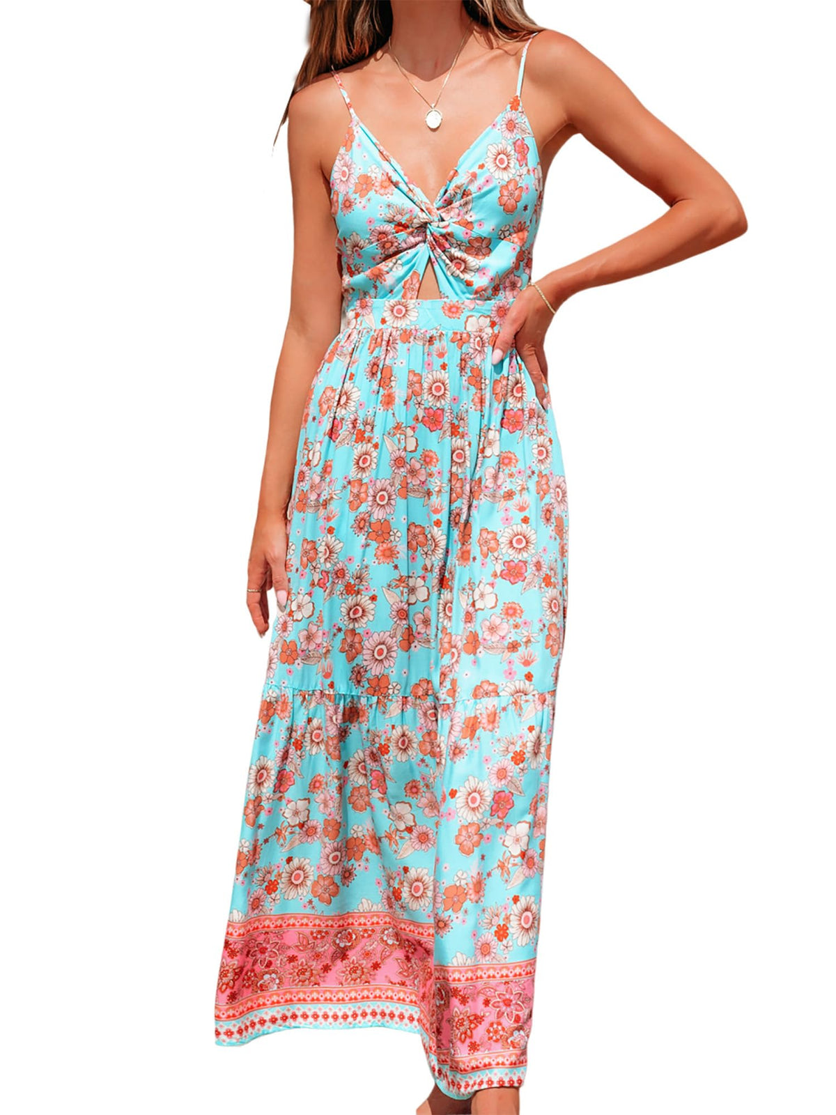 CUPSHE Women's Maxi Dress Floral Print Twisted V Neck Sleeveless Long Dress Summer Casual Dress