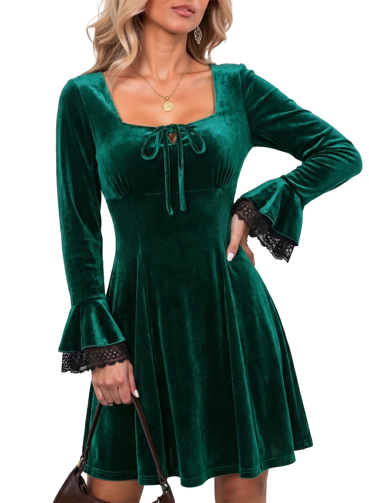 Dokotoo Womens Fall Dresses Lace Long Sleeve Velvet Dress