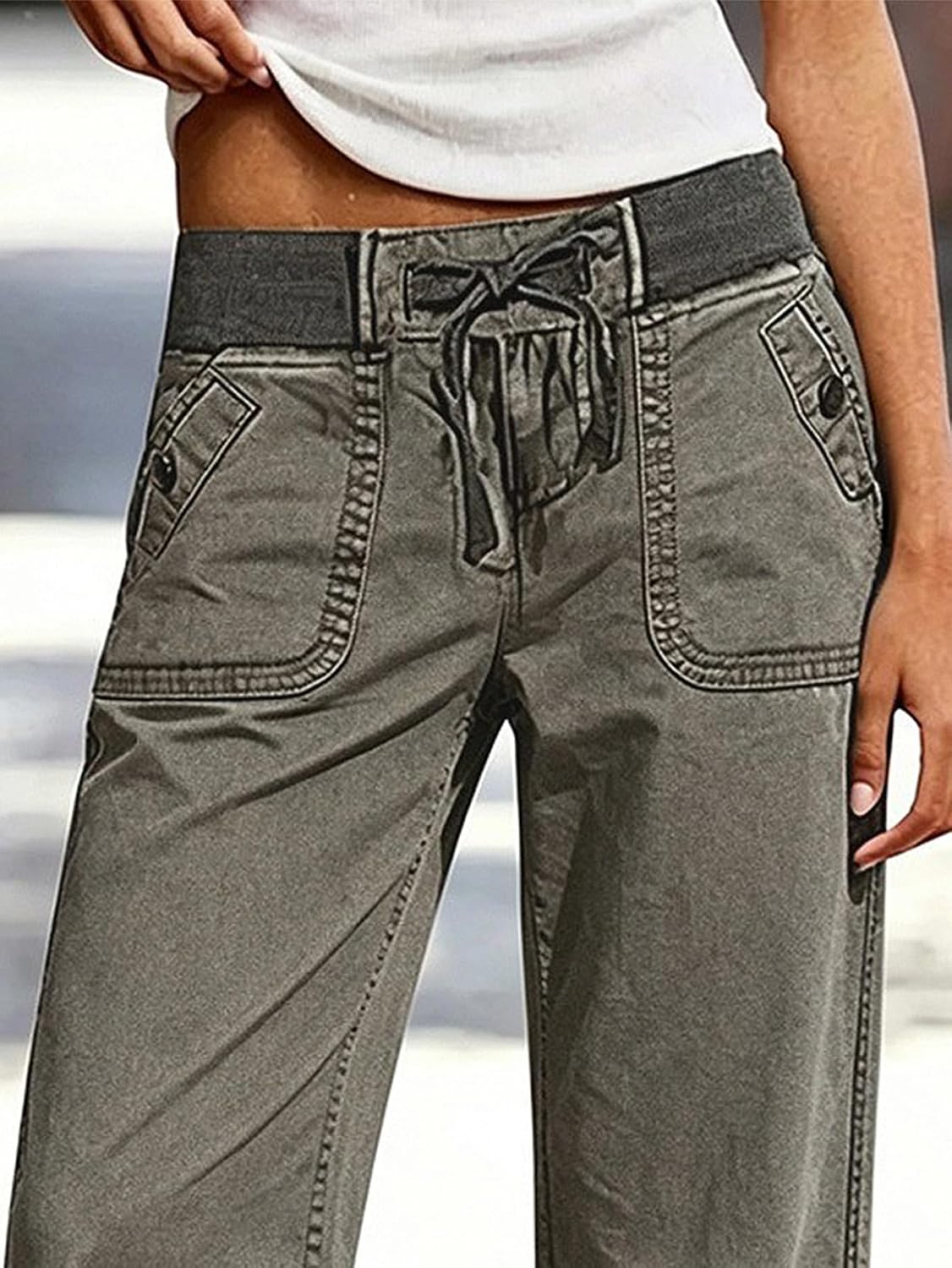 Flamingals Mid Waist Straight Leg Crop Solid Drawstring Pants for Women