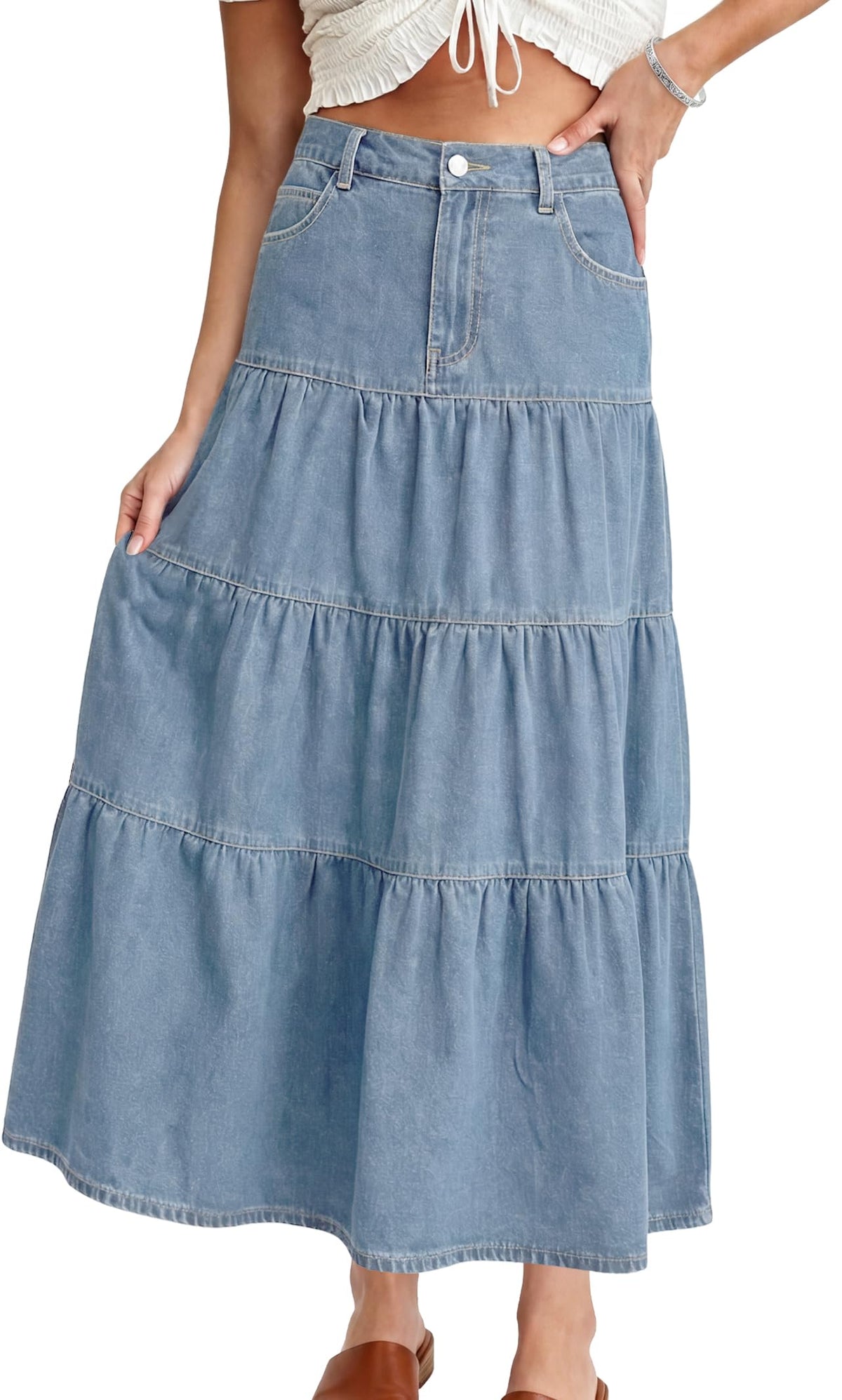 Womens Long Denim Skirt Tiered High Elastic Waist Jean Maxi Skirts