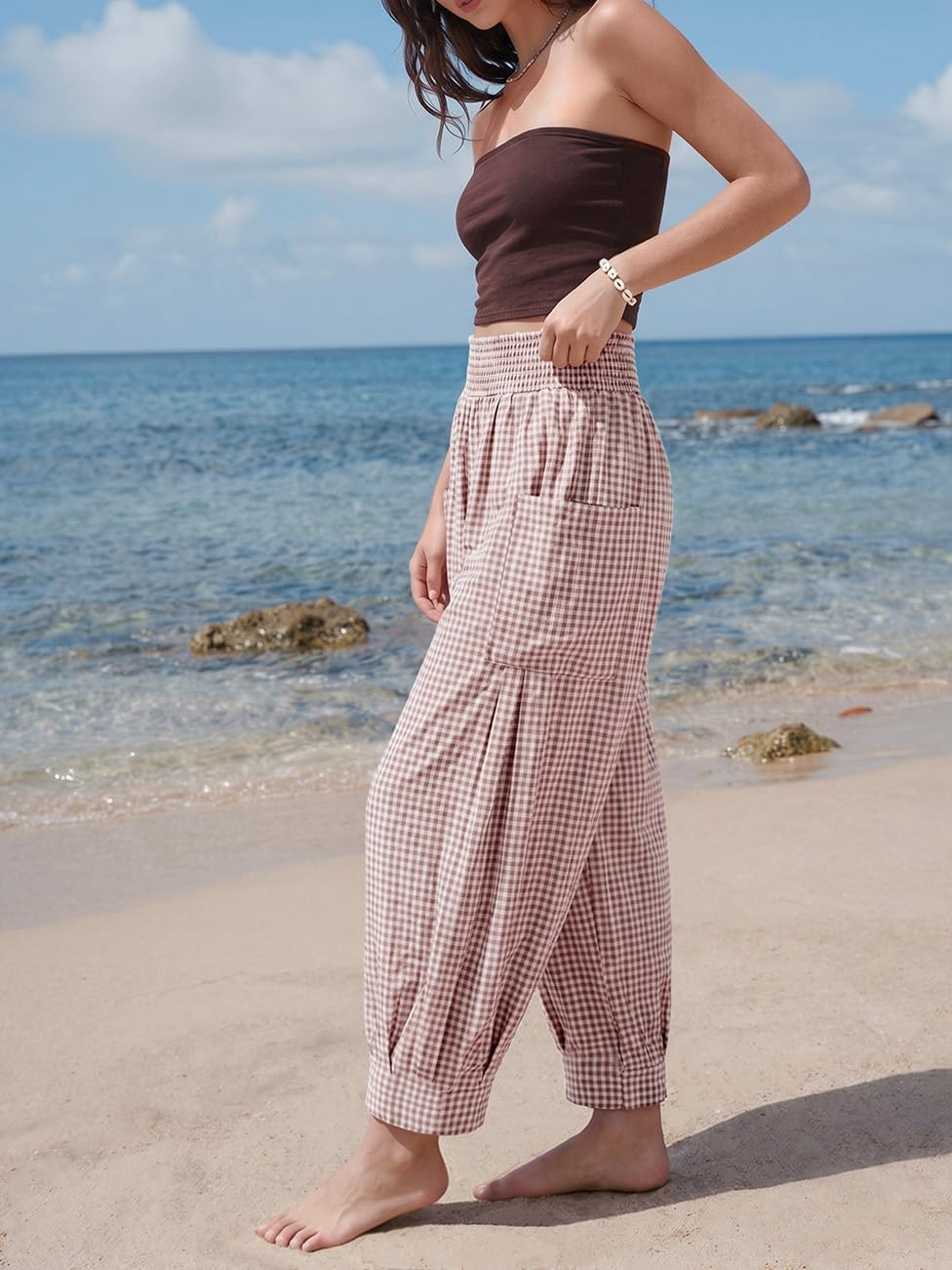 TARSE Women's Linen Gingham Pants Baggy High Waist Palazzo Pants