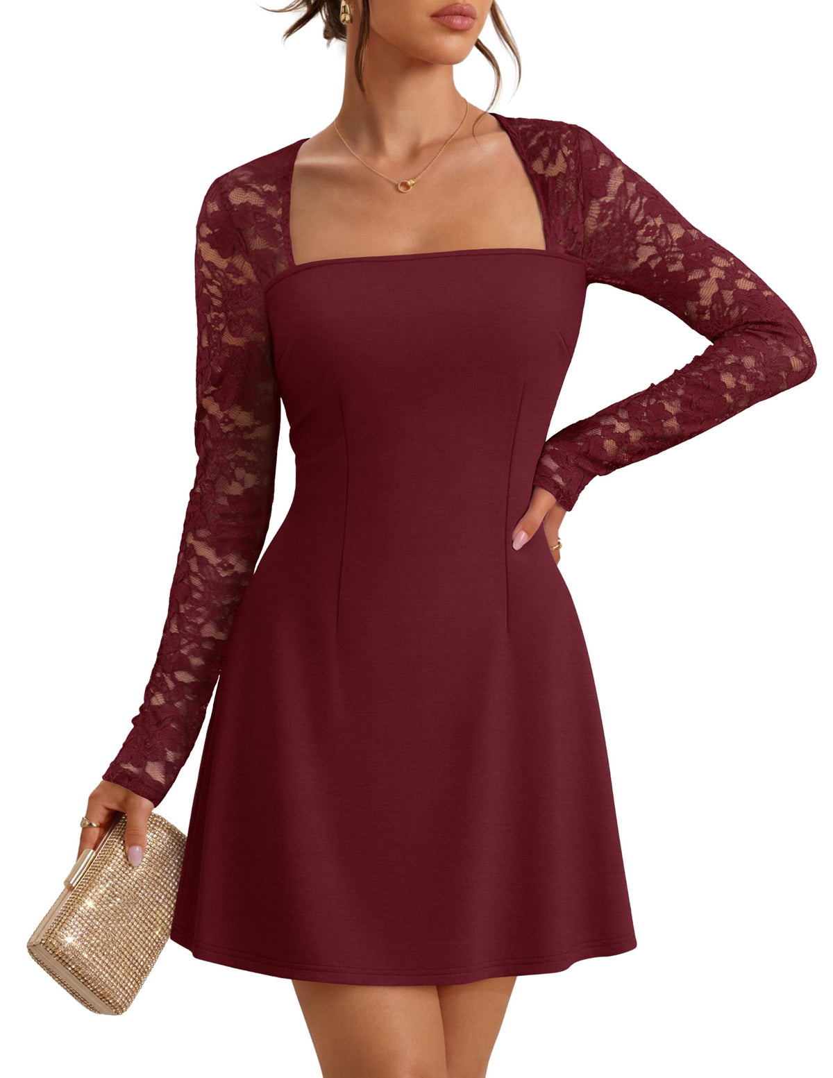 MEROKEETY Womens Lace Long Sleeve Fall Cocktail Wedding Guest Mini Dress