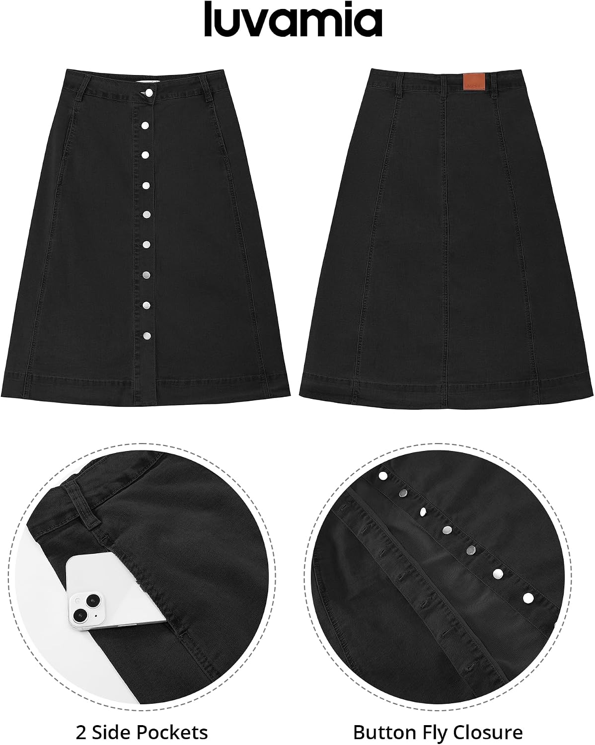 luvamia Jean Skirts for Women Trendy Midi Length A Line Western Casual Button Down Stretchy Denim Skirt with Pockets