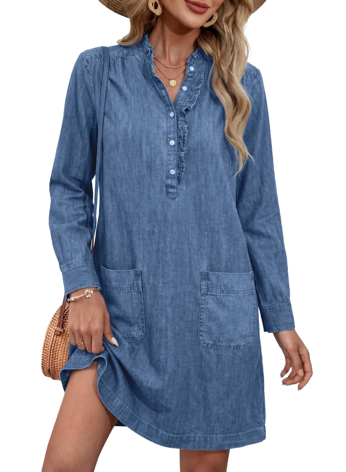 Sidefeel Women's Denim Dresses 2026 Loose Long Sleeve Ruffled Edge Neck Jean Sundresses with Pockets