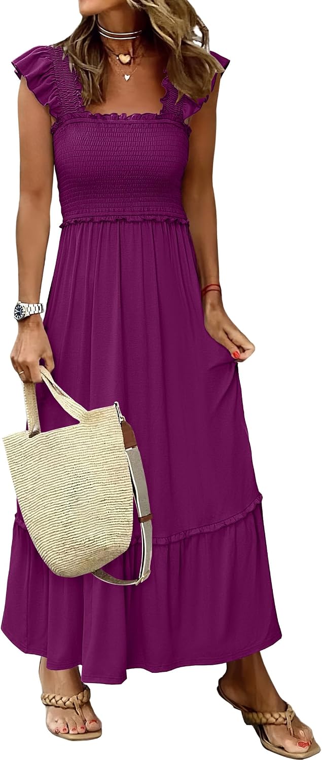 ANRABESS Womens Summer Sleeveless Maxi Dress Square Neck Smocked Boho Casual Ruffle Strap Flowy A-Line Long Beach Sundress