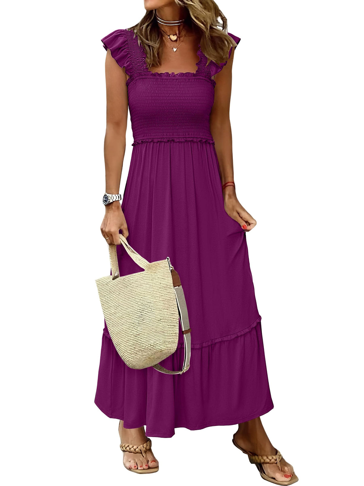 ANRABESS Womens Summer Sleeveless Maxi Dress Square Neck Smocked Boho Casual Ruffle Strap Flowy A-Line Long Beach Sundress