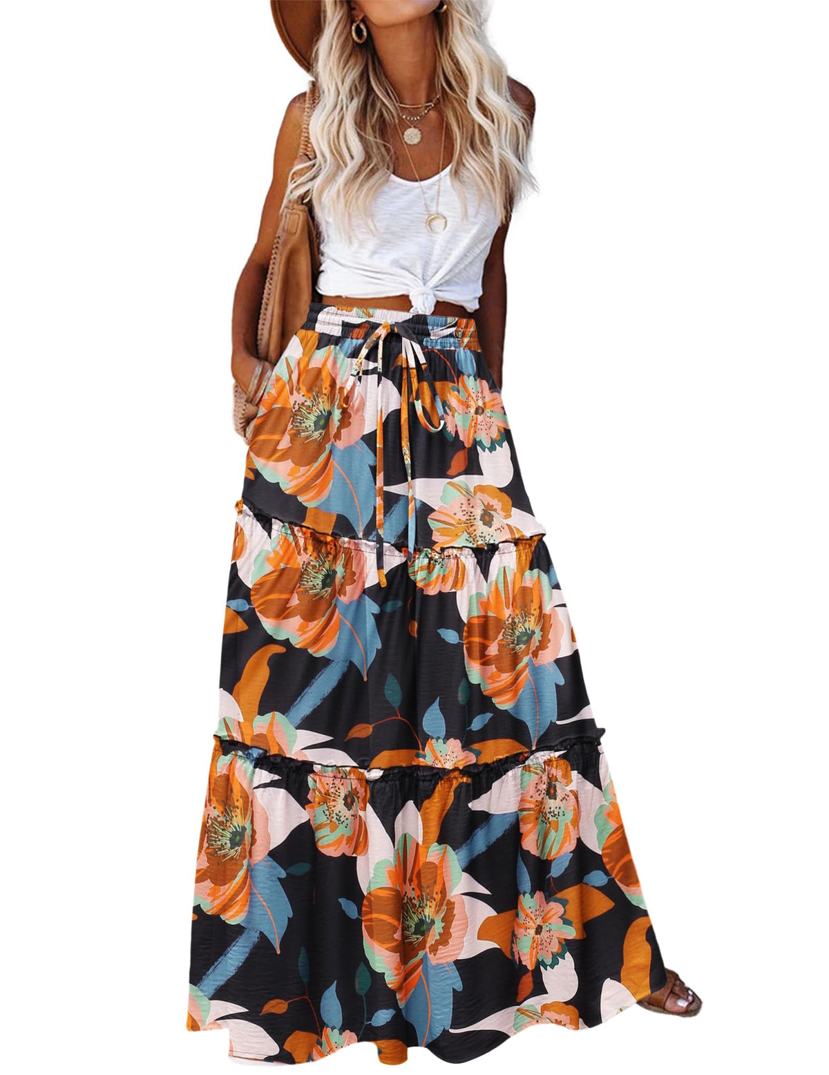 Zeagoo Womens Casual Maxi Skirts for Women 2026 High Waist Boho Skirts Floral Printed Long Flowy Skirt with Pockets