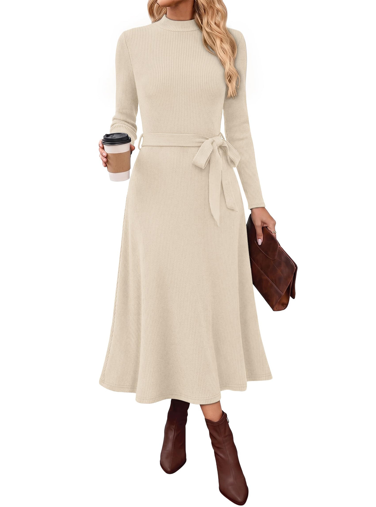 OFEEFAN Long Sleeve Dress Mock Neck Tie Waist Ribbed Knit Midi Dresses Fall Outfits
