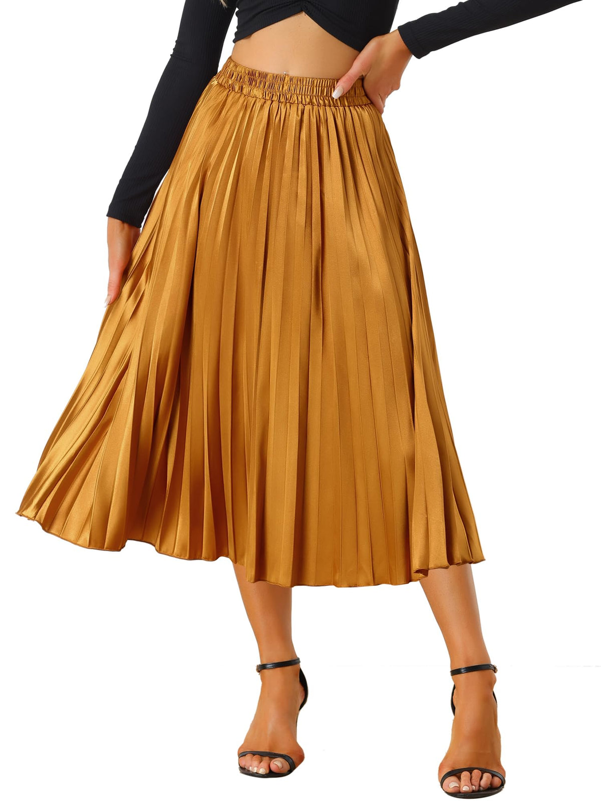 Allegra K Women Pleated Midi Skirt High Waisted Metallic Party Skirts
