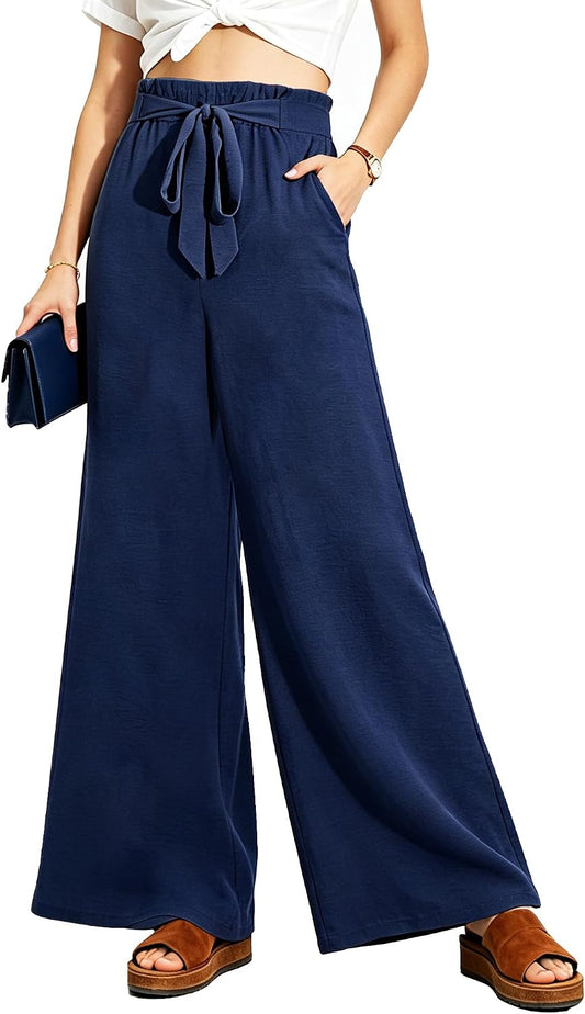 Women Wide Leg Casual Pants High Waist Flowy Palazzo Trousers Adjustable Knot Stylish Lounge Business Pants with Pockets