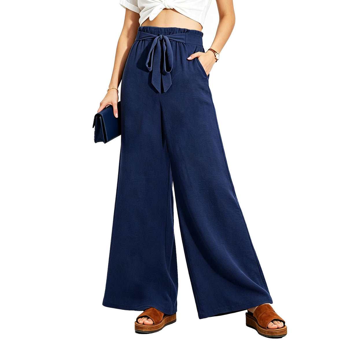 Women Wide Leg Casual Pants High Waist Flowy Palazzo Trousers Adjustable Knot Stylish Lounge Business Pants with Pockets
