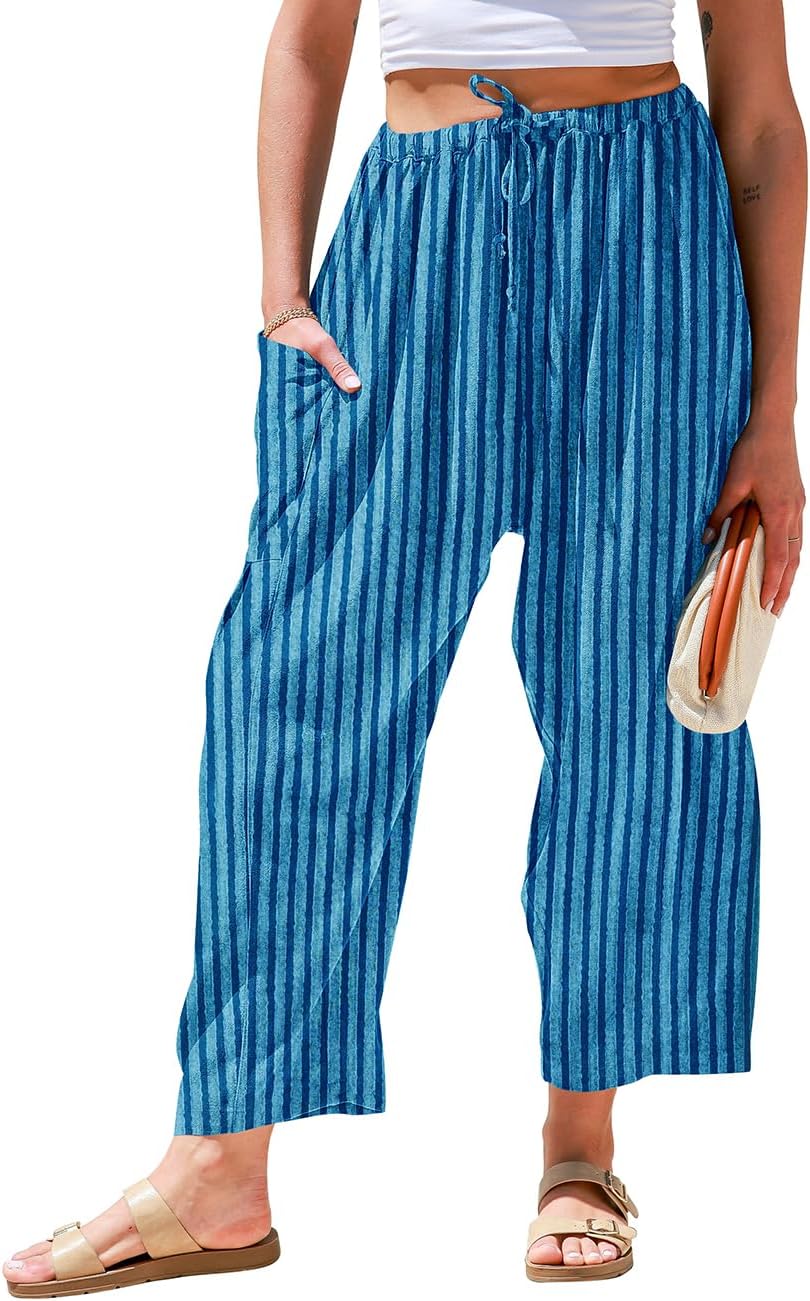 TARSE Womens Wide Leg Striped Linen Pants with Pocket