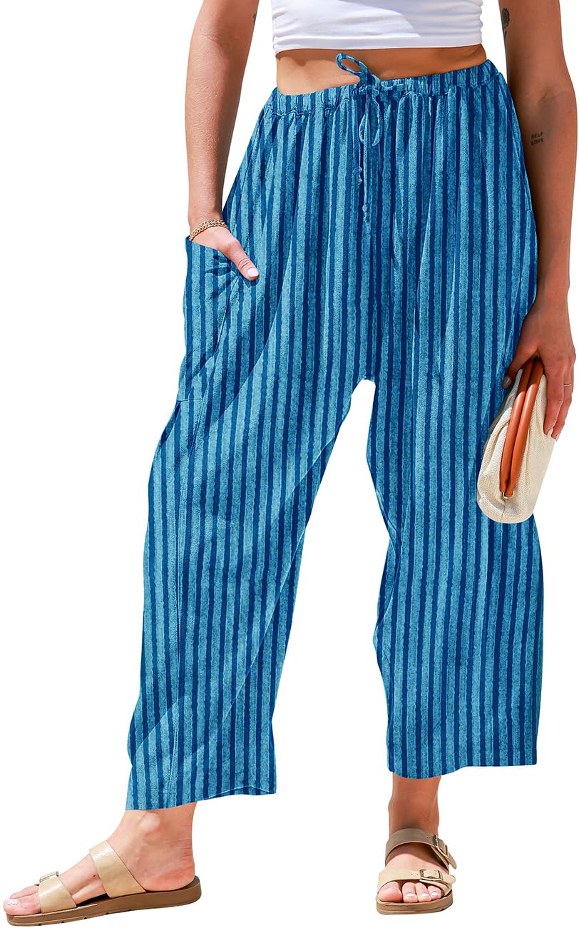 TARSE Womens Wide Leg Striped Linen Pants with Pocket