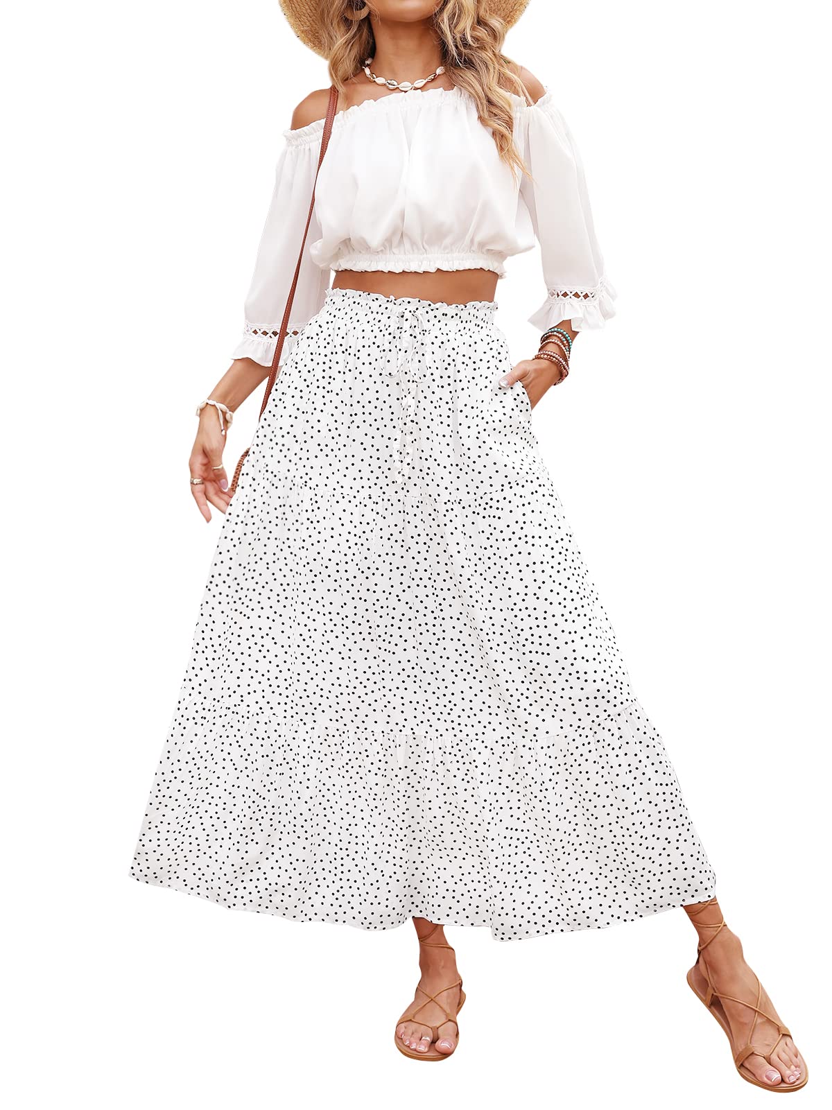 ZESICA Women's Bohemian Floral Printed Elastic Waist A Line Maxi Skirt