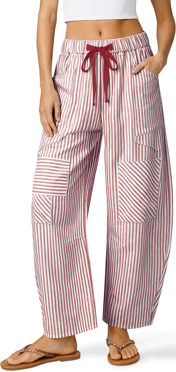 TARSE Womens Striped Linen Barrel Pants with Pockets Y2k Patchwork