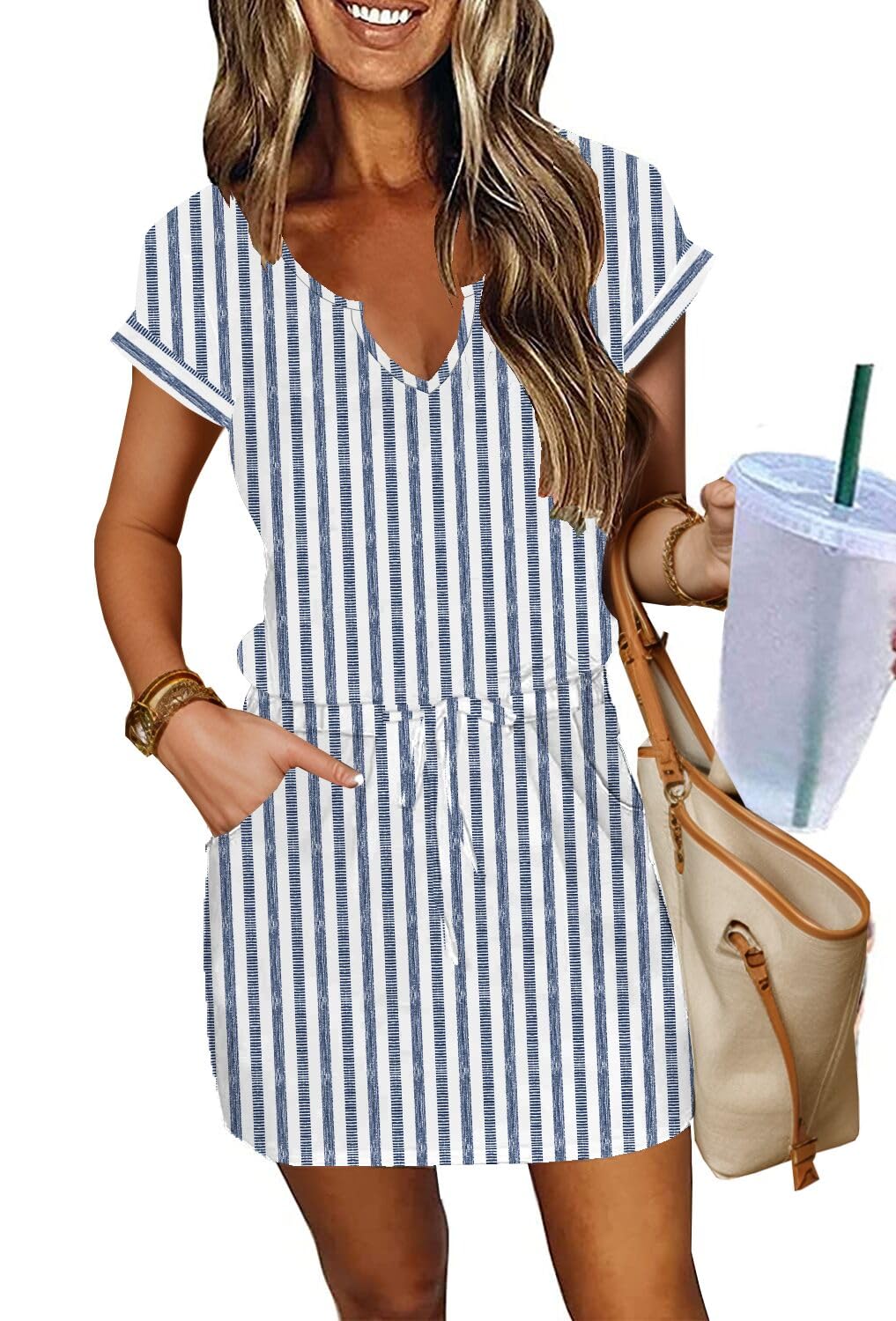 SAUKOLE Women Summer T Shirt Dress Casual Short Sleeve V Neck Dress with Pockets Drawstring Waist Short Dresses