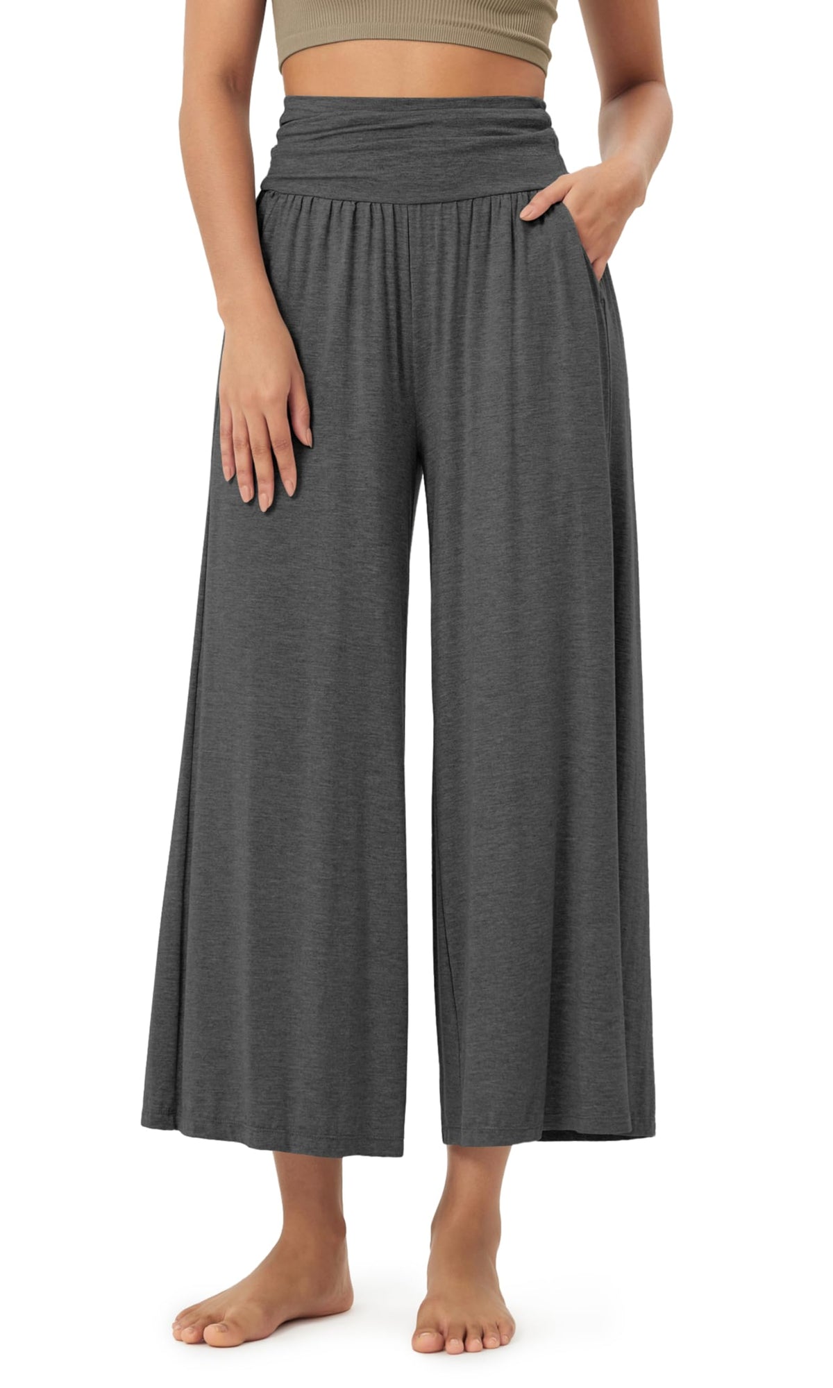 ODODOS Women's Wide Leg Palazzo Lounge Cropped Pants with Pockets Light Weight Comfy Pajama Capri Pants-20/22"/ 24" Inseam