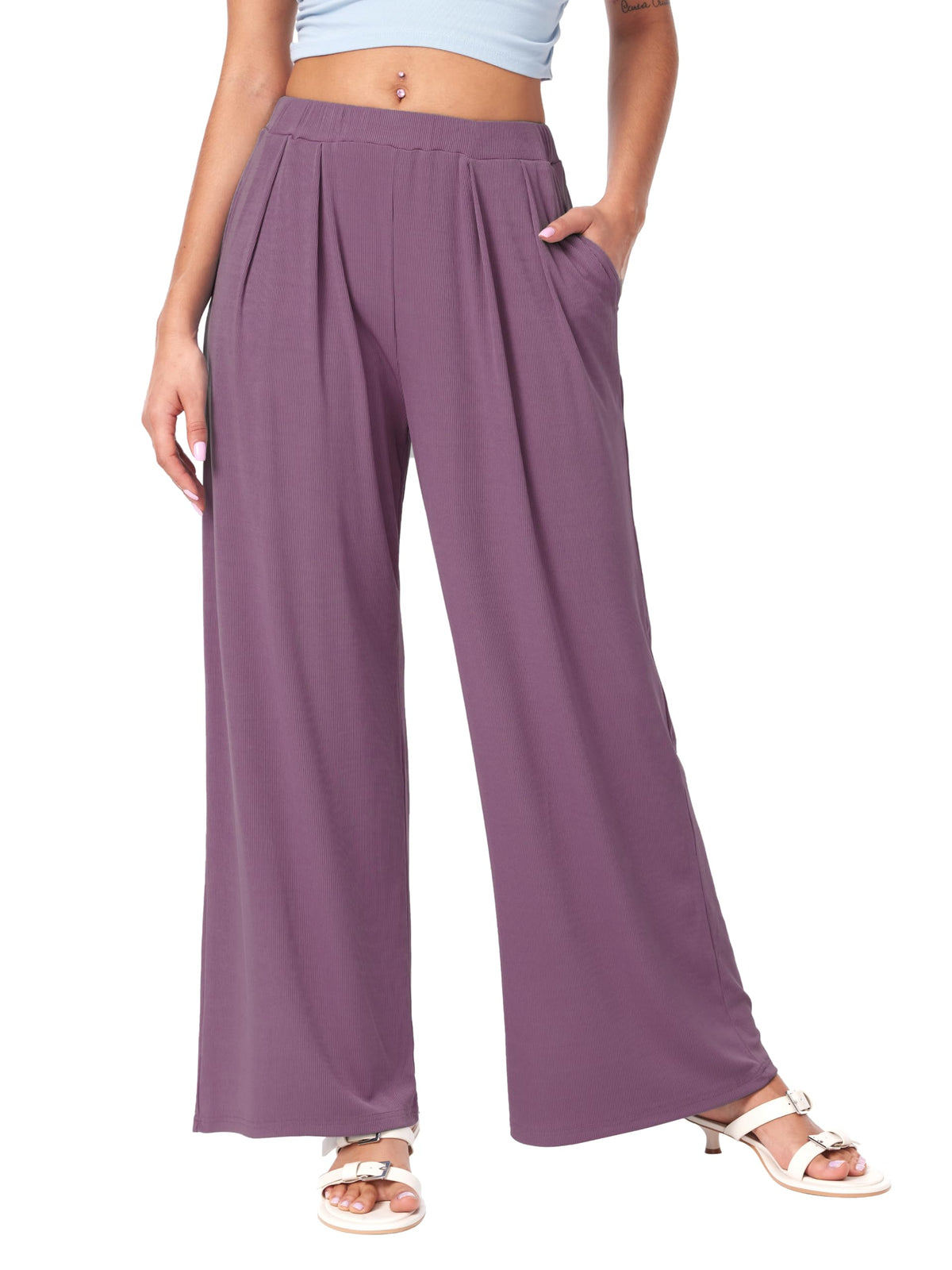 CIDER Palazzo Pants for Women Wide Leg Flowy Pants with Pockets Elastic Mid Waist Summer Beach Vacation Outfits Lightweight