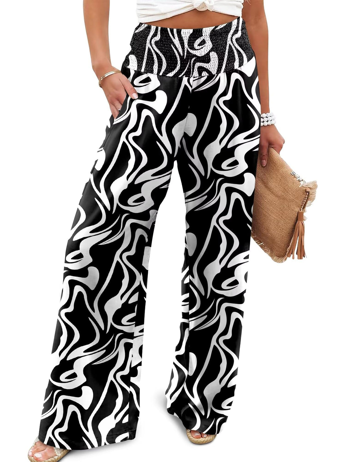 JZC Womens Wide Leg Pants Elastic High Waisted Palazzo Pants Summer Flowy Casual Trousers Beach Travel Vacation Outfits