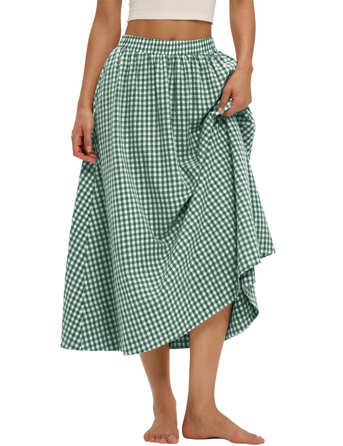 LOMON Midi Skirts for Women with Pockets A-Line Cotton Flowy Elastic Waist