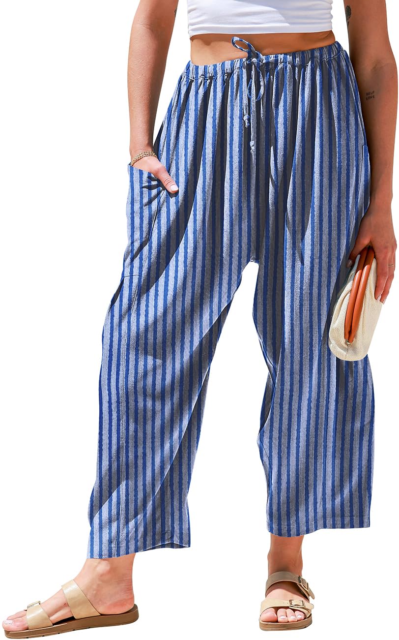 TARSE Womens Wide Leg Striped Linen Pants with Pocket